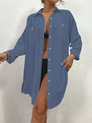 Long Button Down Bikini Cover Up Shirt - Bsubseach