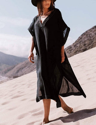 Long Half Sleeve Kaftan Black Beach Cover Up Dress - Bsubseach