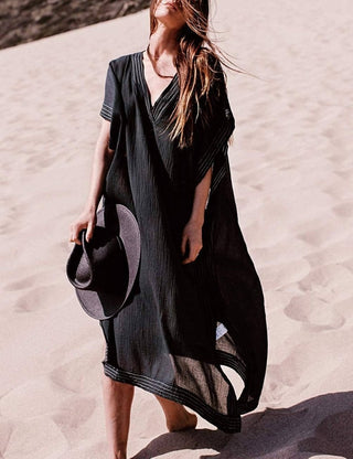 Long Half Sleeve Kaftan Black Beach Cover Up Dress - Bsubseach