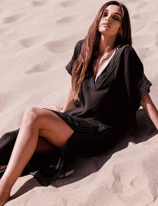 Long Half Sleeve Kaftan Black Beach Cover Up Dress - Bsubseach