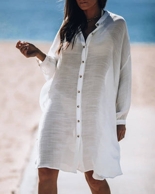 Long Sleeve Bikini Cover Up Swimwear Loose Beach Shirt Dress - Bsubseach