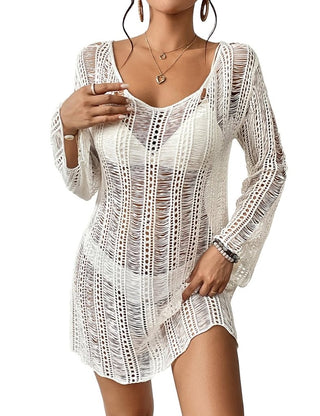 Long Sleeve Crochet Swim Cover Up - Beachwear White - Bsubseach