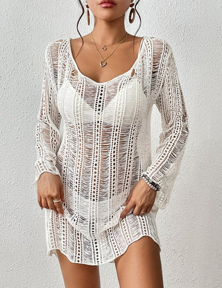 Long Sleeve Crochet Swim Cover Up - Beachwear White - Bsubseach