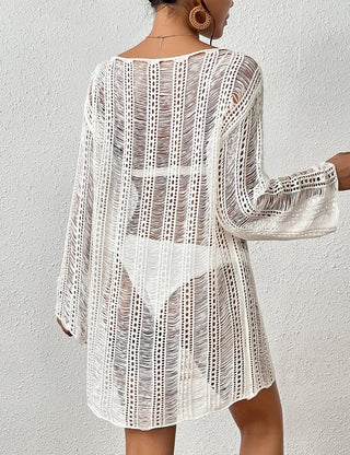 Long Sleeve Crochet Swim Cover Up - Beachwear White - Bsubseach