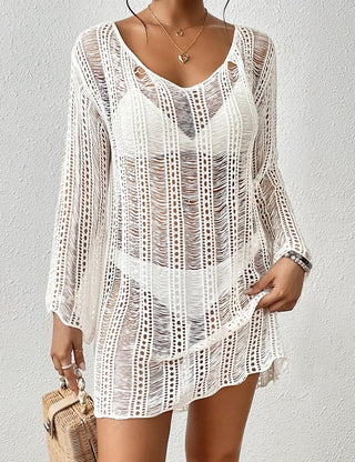 Long Sleeve Crochet Swim Cover Up - Beachwear White - Bsubseach