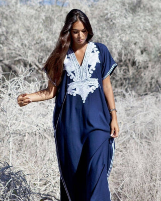 Loose V Neck Embroidered Swim Cover Up Dress - Bsubseach