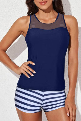 Navy Blue O - Neck Tankini Sets Sporty Two Piece with Cutout - Bsubseach