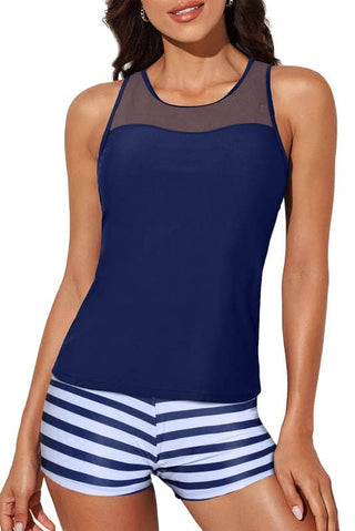 Navy Blue O - Neck Tankini Sets Sporty Two Piece with Cutout - Bsubseach