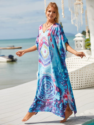 Patterned Kimono V Neck Beach Kaftan Dress - Bsubseach