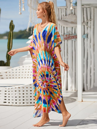 Patterned Kimono V Neck Beach Kaftan Dress - Bsubseach