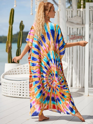 Patterned Kimono V Neck Beach Kaftan Dress - Bsubseach