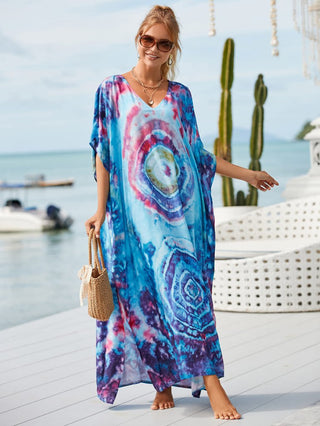 Patterned Kimono V Neck Beach Kaftan Dress - Bsubseach