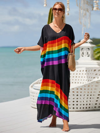 Patterned Kimono V Neck Beach Kaftan Dress - Bsubseach