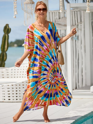 Patterned Kimono V Neck Beach Kaftan Dress - Bsubseach