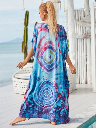 Patterned Kimono V Neck Beach Kaftan Dress - Bsubseach