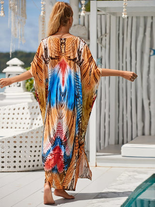 Patterned Kimono V Neck Beach Kaftan Dress - Bsubseach