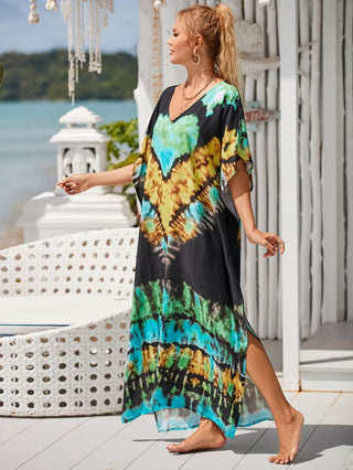 Patterned Kimono V Neck Beach Kaftan Dress - Bsubseach