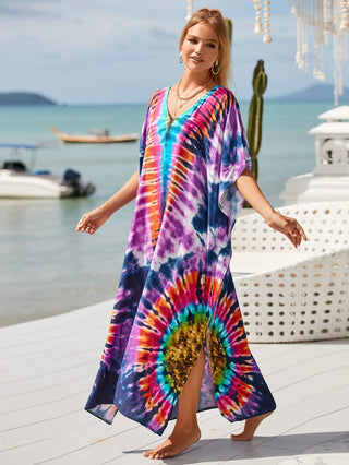 Patterned Kimono V Neck Beach Kaftan Dress - Bsubseach