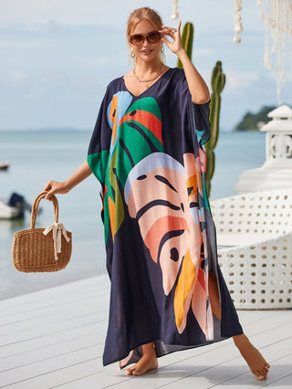 Patterned Kimono V Neck Beach Kaftan Dress - Bsubseach