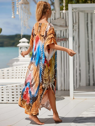 Patterned Kimono V Neck Beach Kaftan Dress - Bsubseach