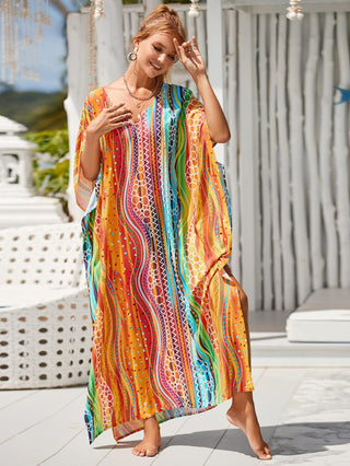 Patterned Kimono V Neck Beach Kaftan Dress - Bsubseach