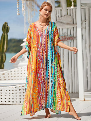 Patterned Kimono V Neck Beach Kaftan Dress - Bsubseach