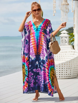 Patterned Kimono V Neck Beach Kaftan Dress - Bsubseach