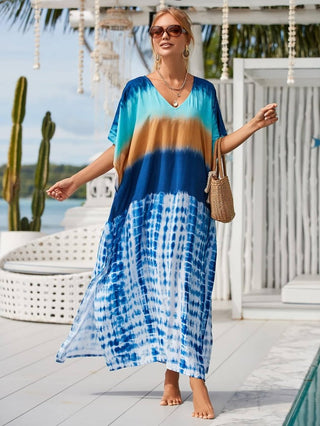 Patterned Kimono V Neck Beach Kaftan Dress - Bsubseach