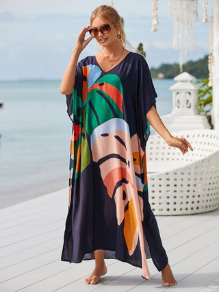 Patterned Kimono V Neck Beach Kaftan Dress - Bsubseach