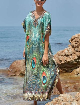 Peacock Print Womens Kaftan Cover Ups - Bsubseach