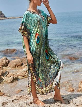 Peacock Print Womens Kaftan Cover Ups - Bsubseach