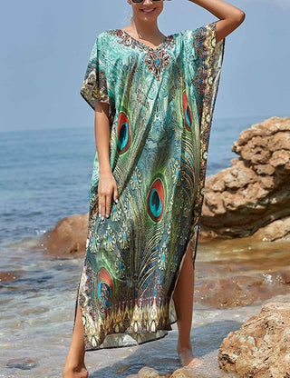 Peacock Print Womens Kaftan Cover Ups - Bsubseach