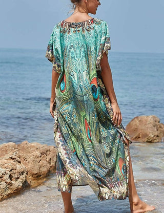 Peacock Print Womens Kaftan Cover Ups - Bsubseach