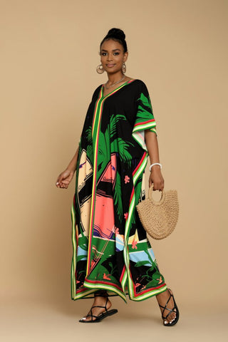 Plus Size Kaftan Beach Coverup - Green Leaves Print - Bsubseach