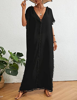 Plus Size Long Beach Kaftan with Tassels - Bsubseach