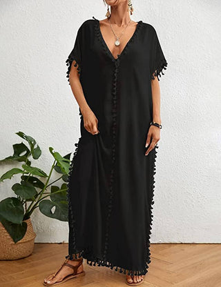 Plus Size Long Beach Kaftan with Tassels - Bsubseach