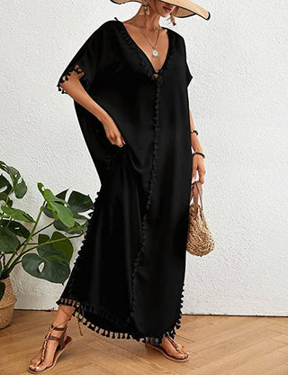 Plus Size Long Beach Kaftan with Tassels - Bsubseach