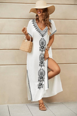 Plus Size V - Neck Embroidered Caftan: Chic Bathing Suit Cover Up - Bsubseach