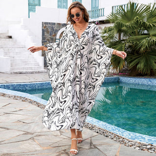 Print Beach Kaftan Black and White Swim Cover Up - Bsubseach