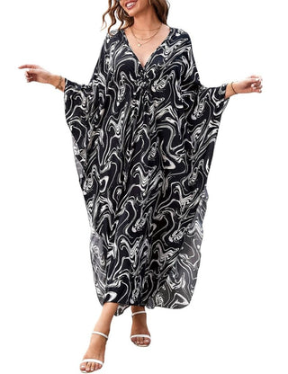 Print Beach Kaftan Black and White Swim Cover Up - Bsubseach