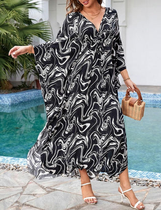 Print Beach Kaftan Black and White Swim Cover Up - Bsubseach