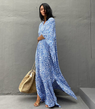 print blue kaftan dress long bathing suit cover up