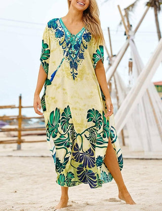 Print Short Sleeve Kaftan Yellow Swimsuit Cover Up Dress - Bsubseach