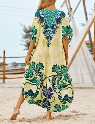 Print Short Sleeve Kaftan Yellow Swimsuit Cover Up Dress - Bsubseach