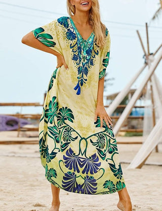 Print Short Sleeve Kaftan Yellow Swimsuit Cover Up Dress - Bsubseach