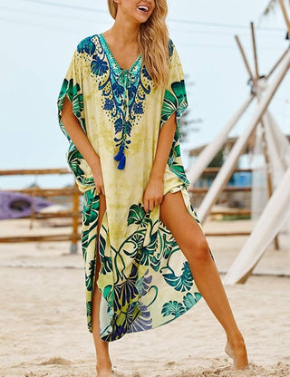 Print Short Sleeve Kaftan Yellow Swimsuit Cover Up Dress - Bsubseach