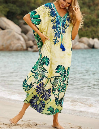 Print Short Sleeve Kaftan Yellow Swimsuit Cover Up Dress - Bsubseach