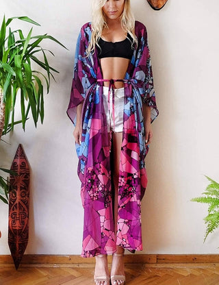 Purple Open Front Beach Kimono Cover up With Belt - Bsubseach