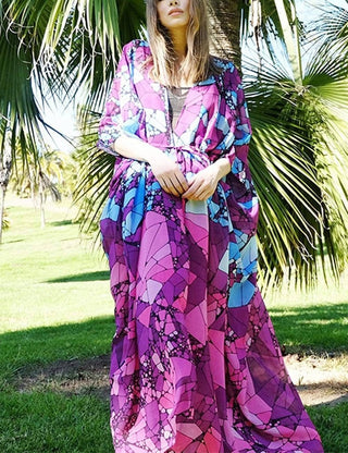 Purple Open Front Beach Kimono Cover up With Belt - Bsubseach