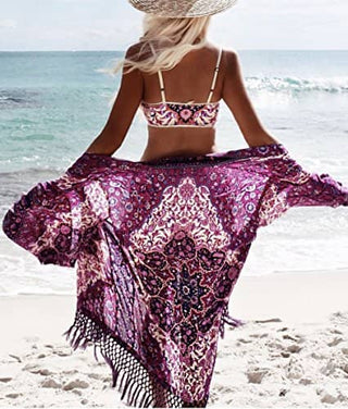 Purplish Floral Chiffon Cover Up for Swimwear Tassel Cardigan - Bsubseach